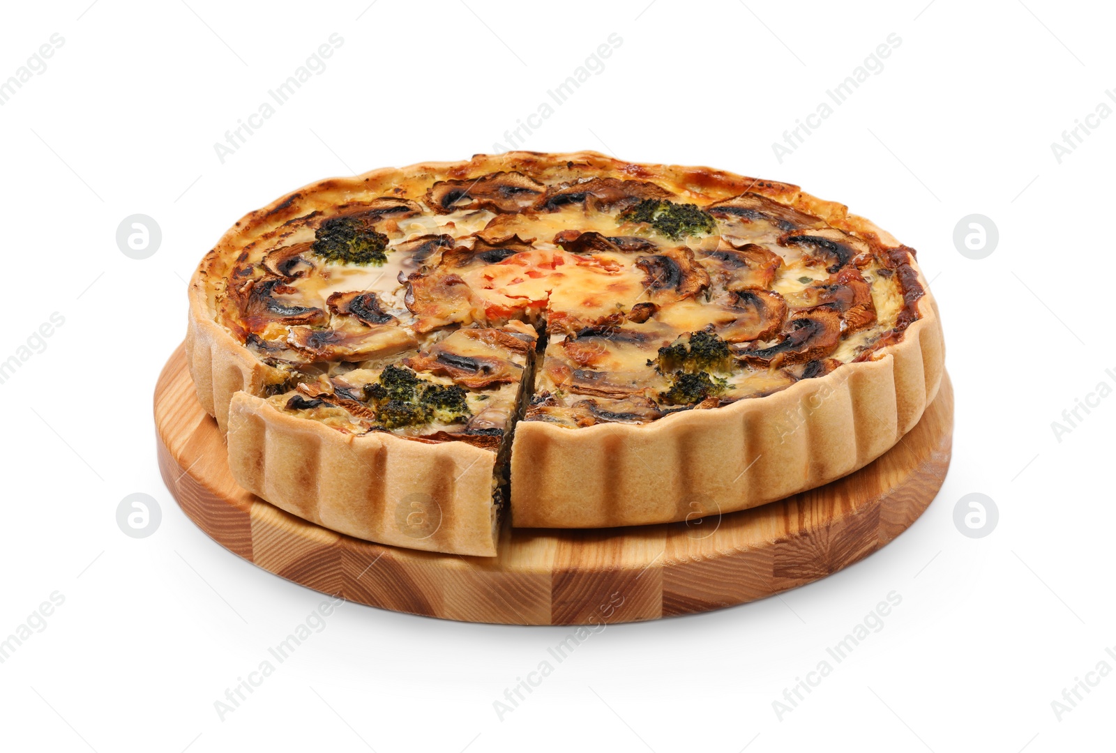 Photo of Delicious quiche with mushrooms isolated on white