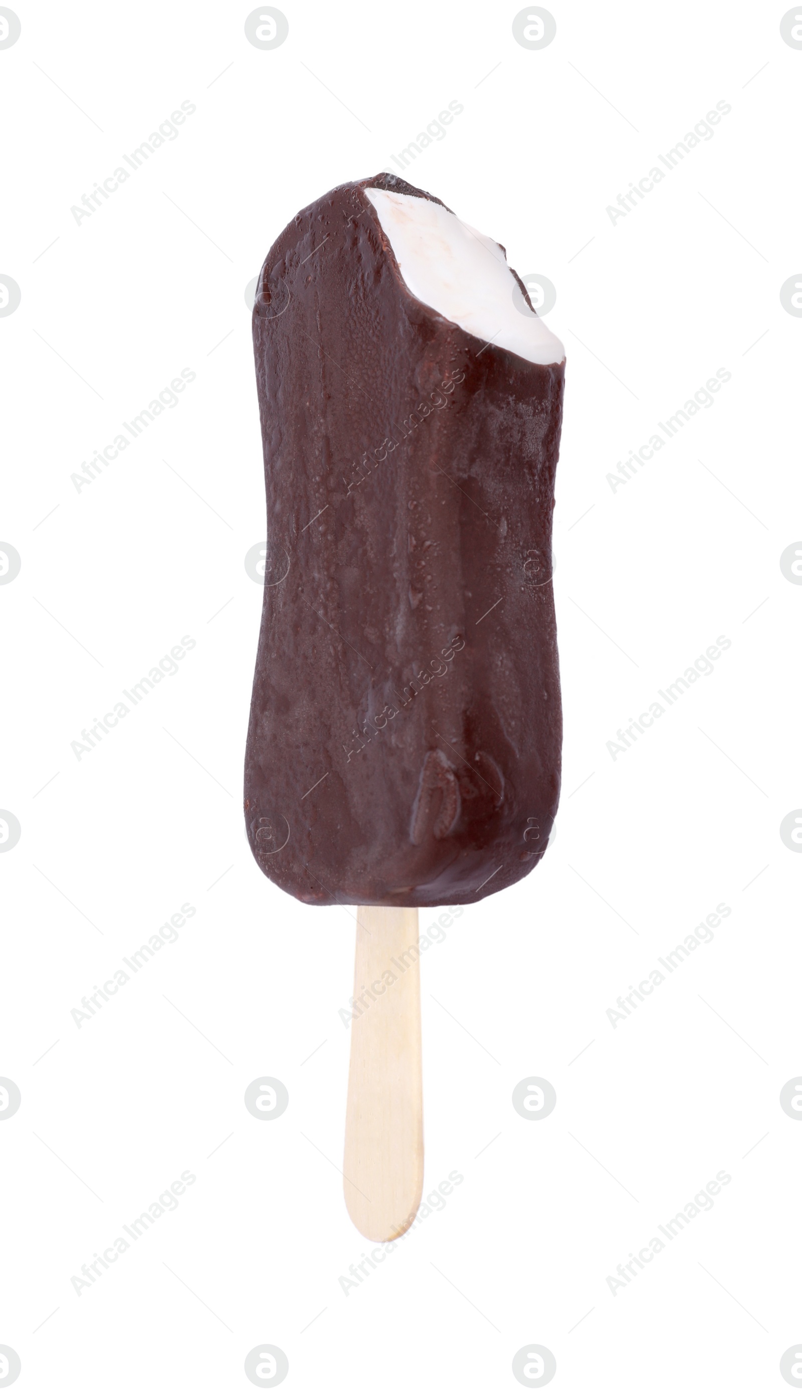 Photo of Delicious bitten chocolate-glazed ice cream bar isolated on white, top view