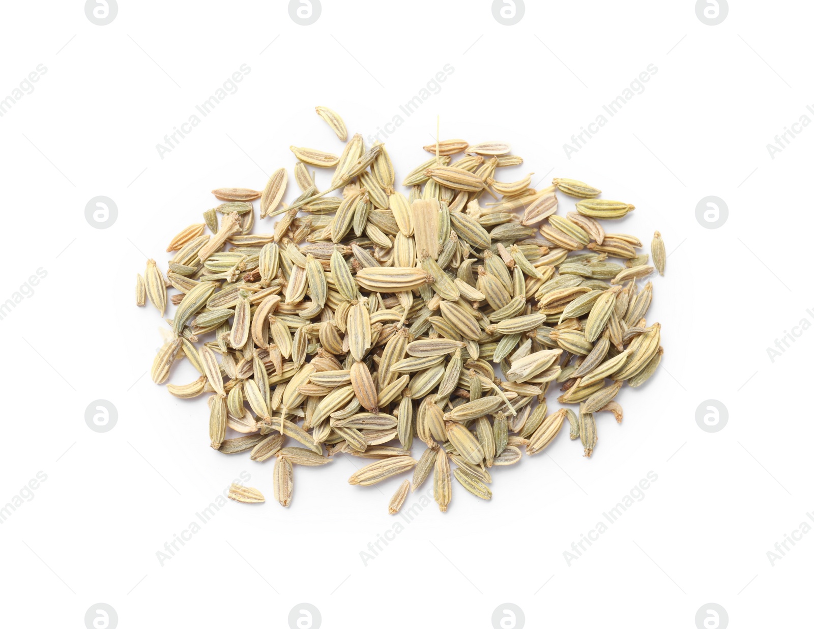 Photo of Pile of dry fennel seeds isolated on white, top view