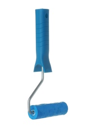 Roller brush with blue paint on white background
