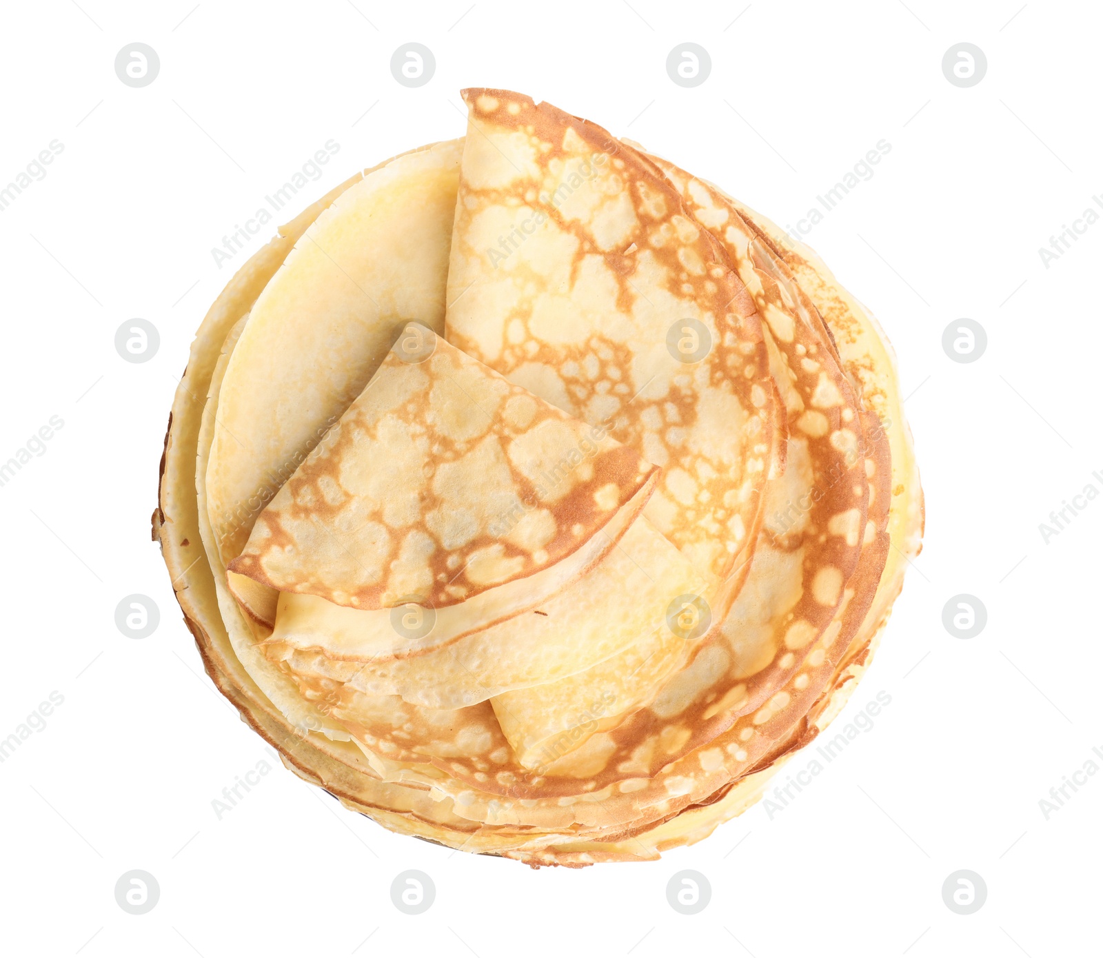 Photo of Stack of fresh thin pancakes isolated on white, top view