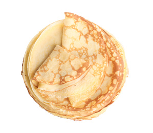 Stack of fresh thin pancakes isolated on white, top view