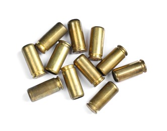 Cartridge cases isolated on white, top view. Firearm ammunition