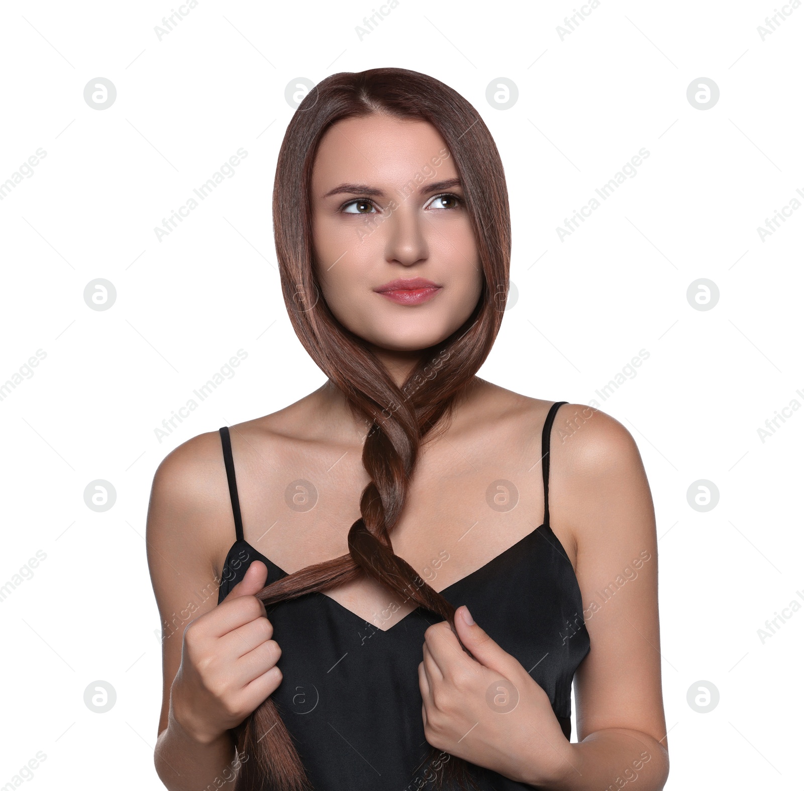 Photo of Portrait of beautiful young woman with healthy strong hair on white background