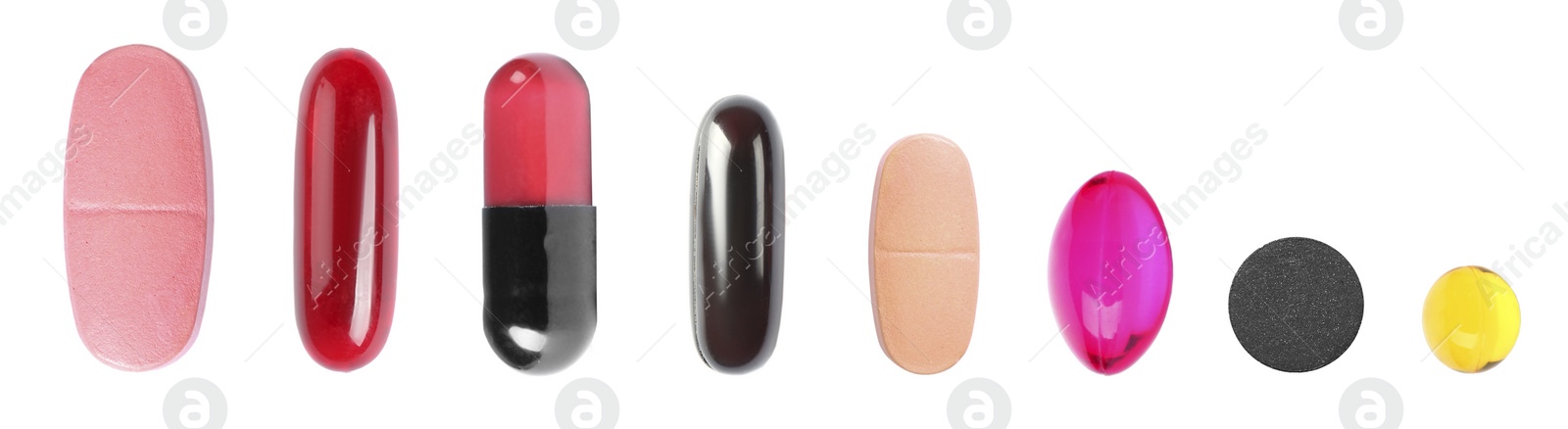 Image of Set with colorful pills on white background, top view. Banner design