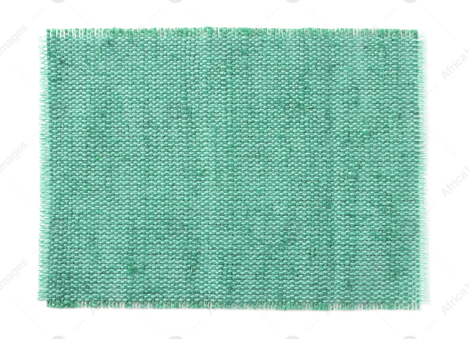 Image of Piece of light blue burlap fabric on white background, top view