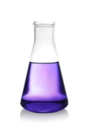 Photo of Erlenmeyer flask with color liquid isolated on white. Solution chemistry