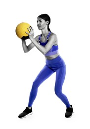 Athletic woman doing exercise with medicine ball isolated on white