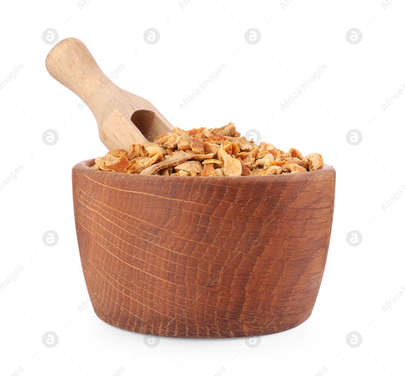 Photo of Bowl and scoop with dried orange zest seasoning isolated on white