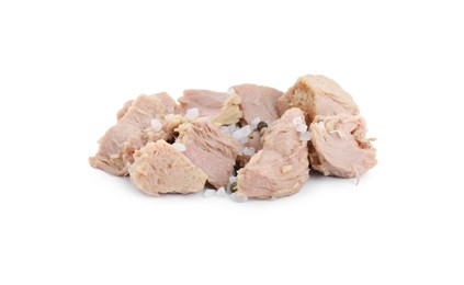 Photo of Delicious canned tuna chunks with salt and peppercorns on white background