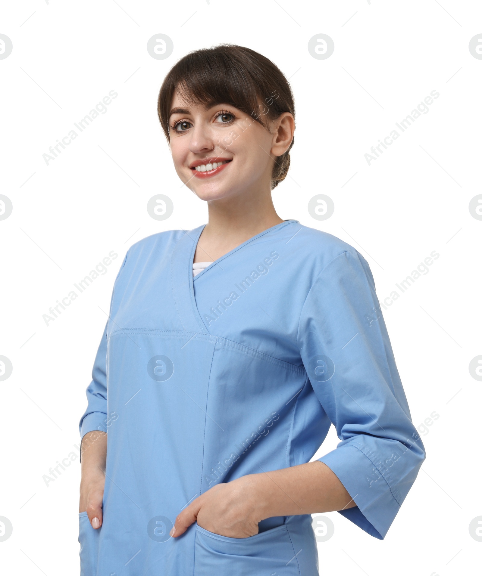 Photo of Portrait of smiling medical assistant on white background