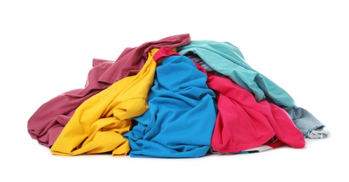 Photo of Pile of dirty clothes on white background