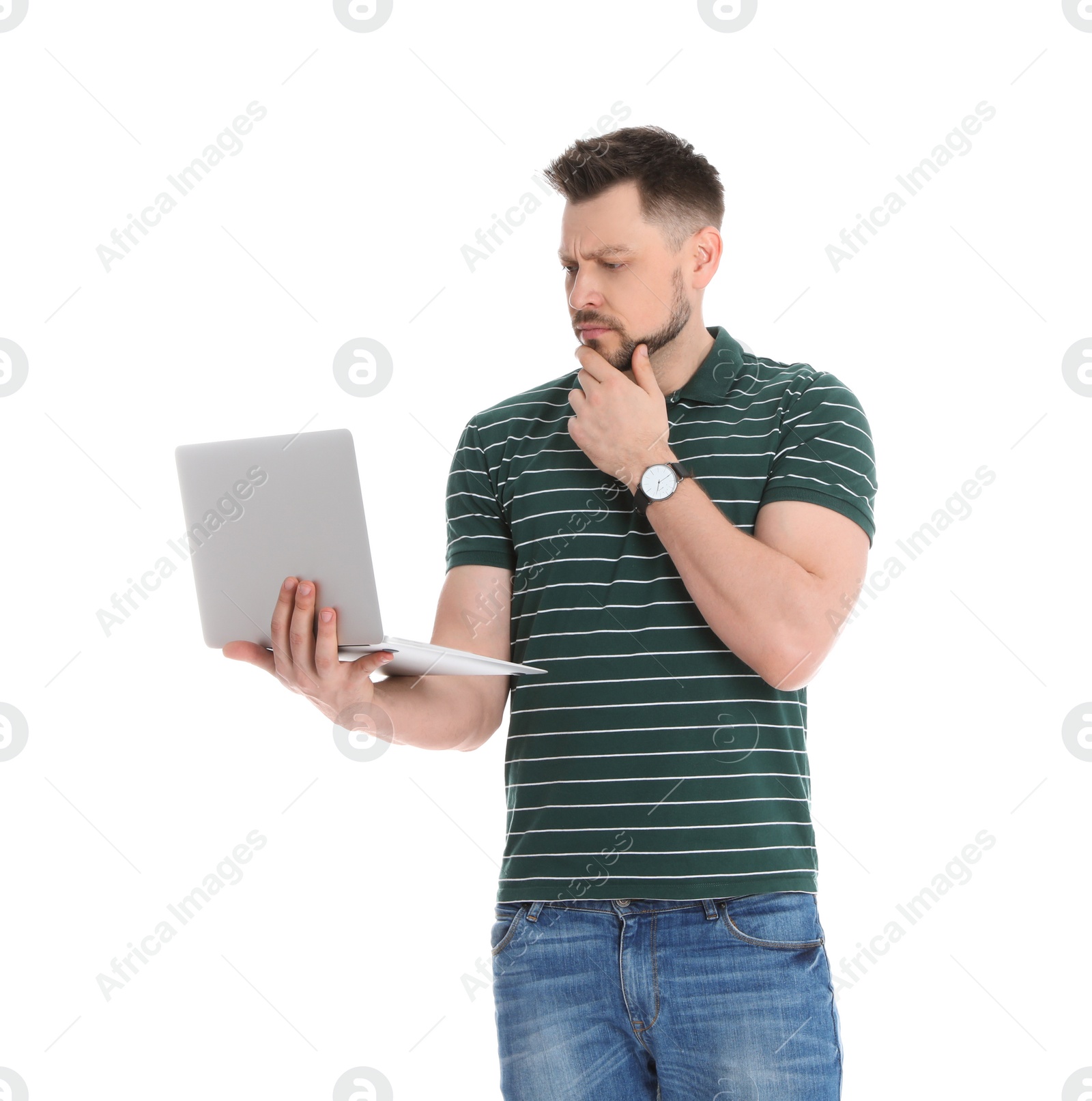 Photo of Emotional man with laptop on white background