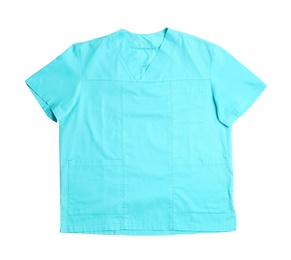 Photo of Medical uniform on white background, top view. Professional work clothes