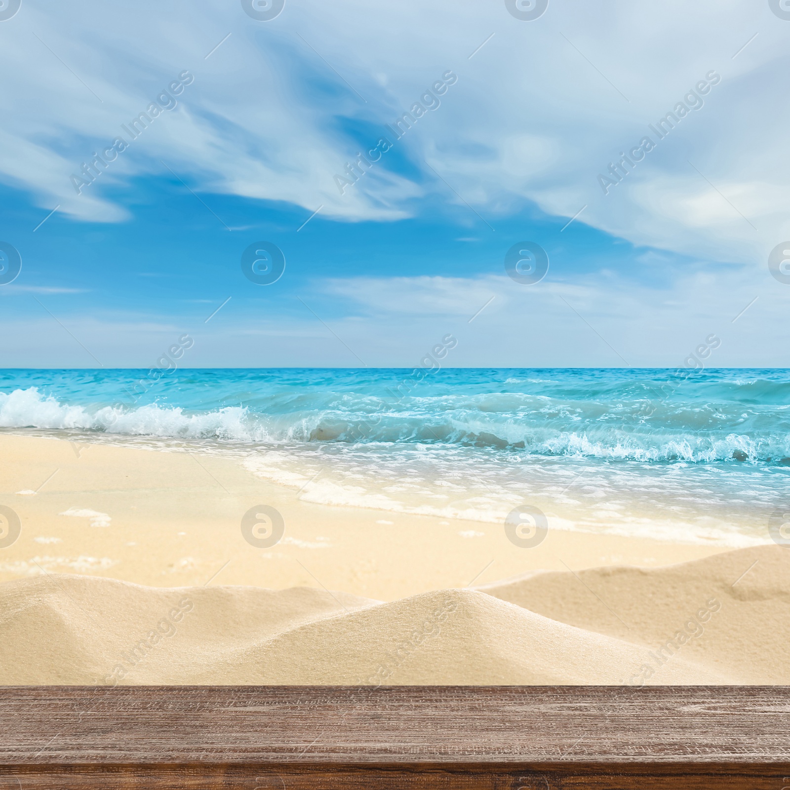 Image of Wooden surface on sandy beach near ocean