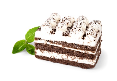 Photo of Delicious tiramisu cake with mint isolated on white