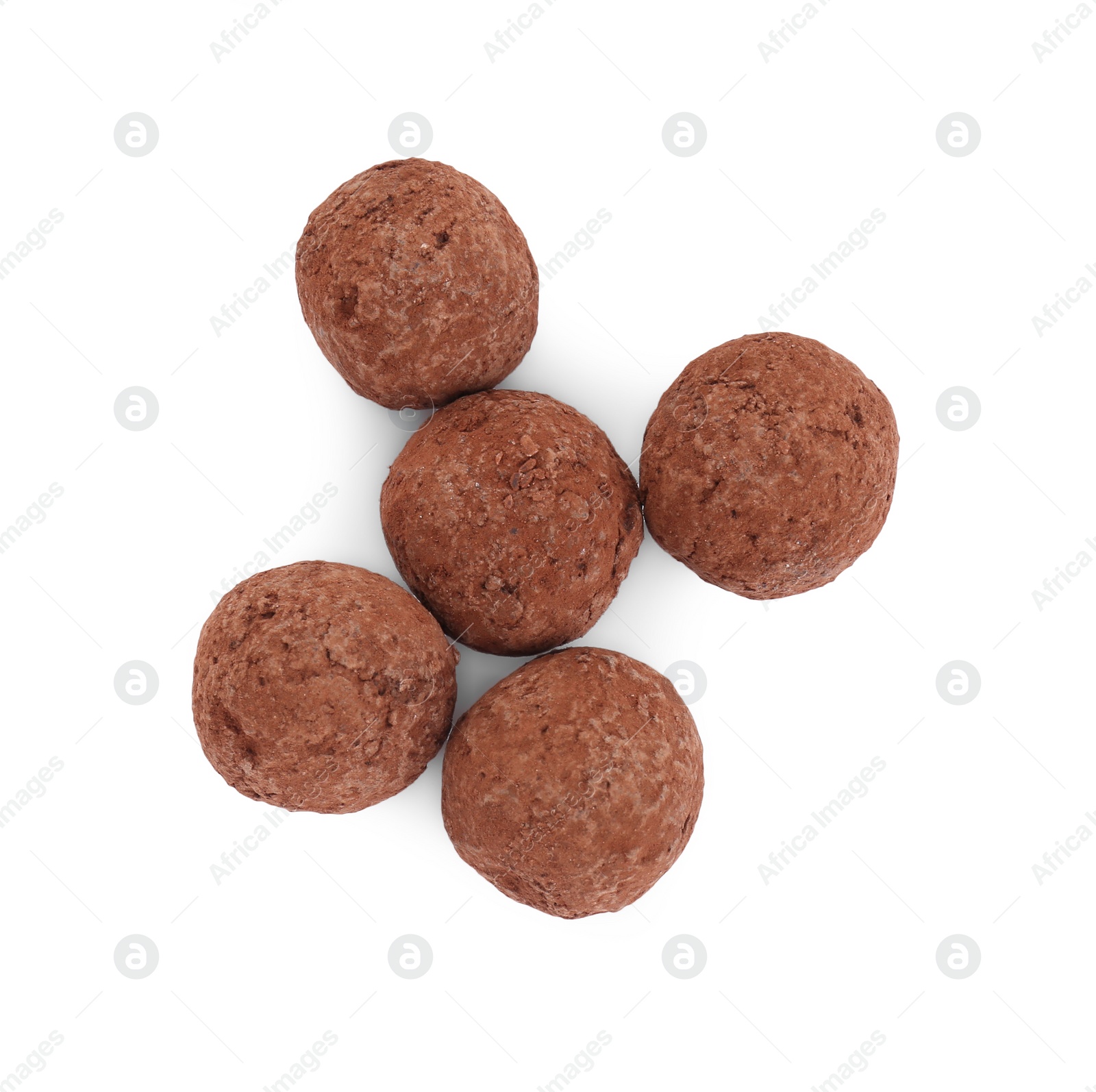 Photo of Tasty sweet chocolate candies isolated on white, top view