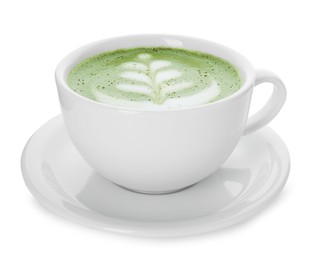 Delicious matcha latte in cup on white background