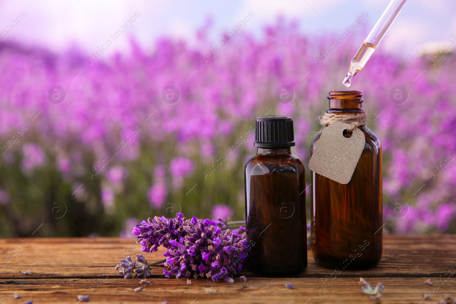 Photo of Dripping essential oil from pipette into bottle near lavender flowers on wooden table, closeup. Space for text