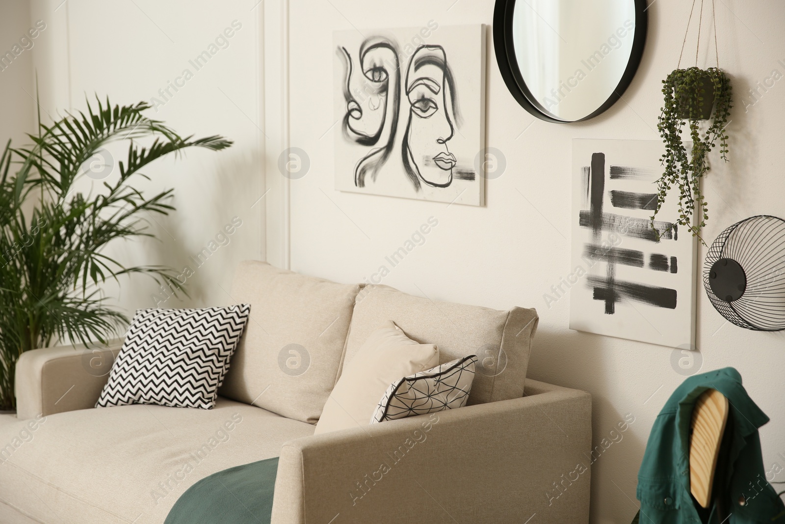 Photo of Stylish living room interior with beautiful house plants