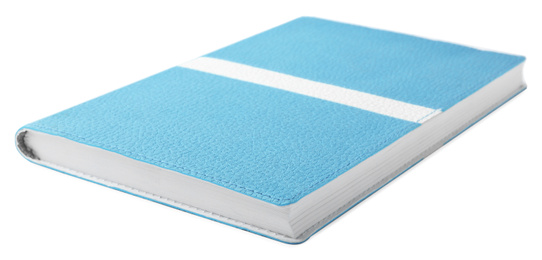 Photo of Stylish light blue notebook isolated on white