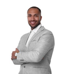 Portrait of happy man with crossed arms on white background. Lawyer, businessman, accountant or manager