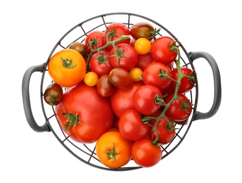 Photo of Fresh ripe tomatoes in basket on white background, top view