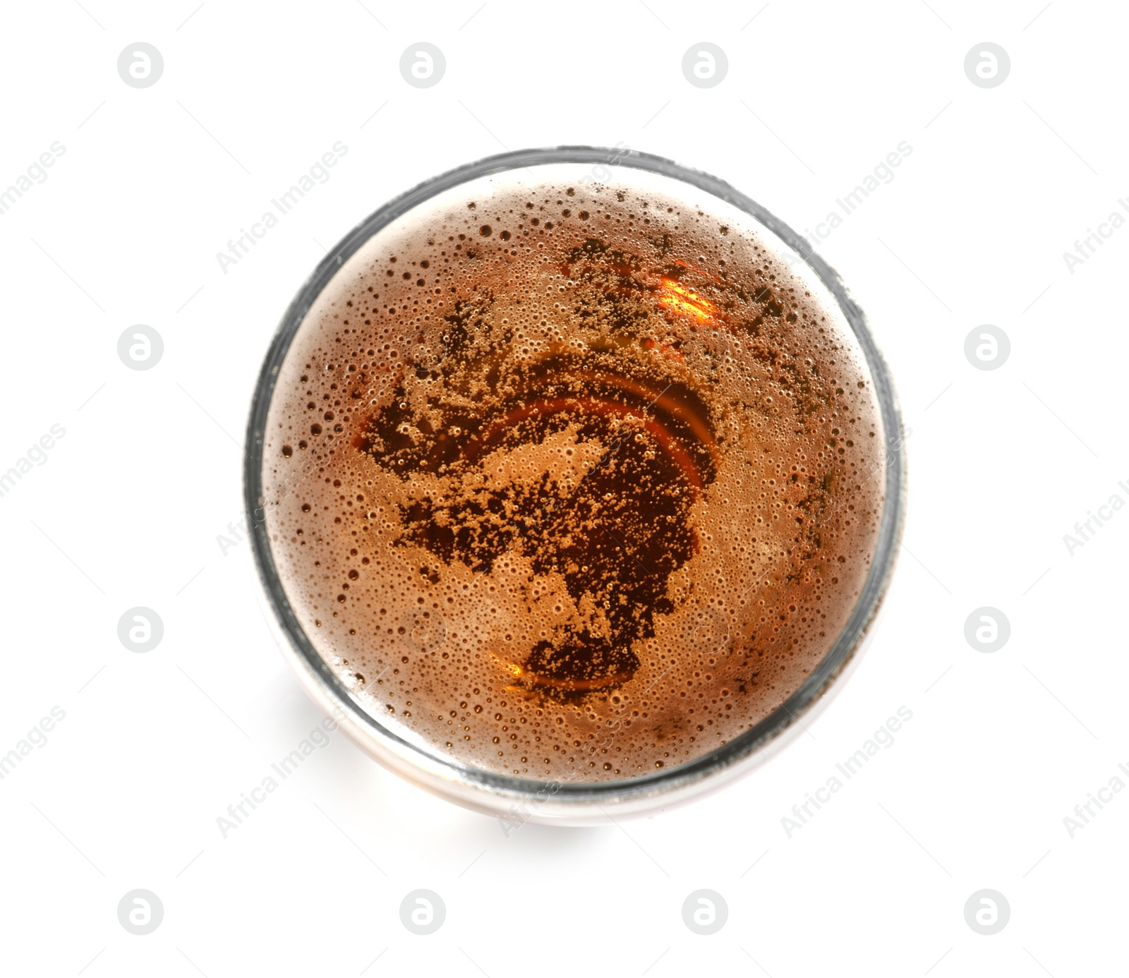 Photo of Glass of cold tasty beer on white background, top view