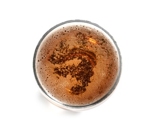 Photo of Glass of cold tasty beer on white background, top view