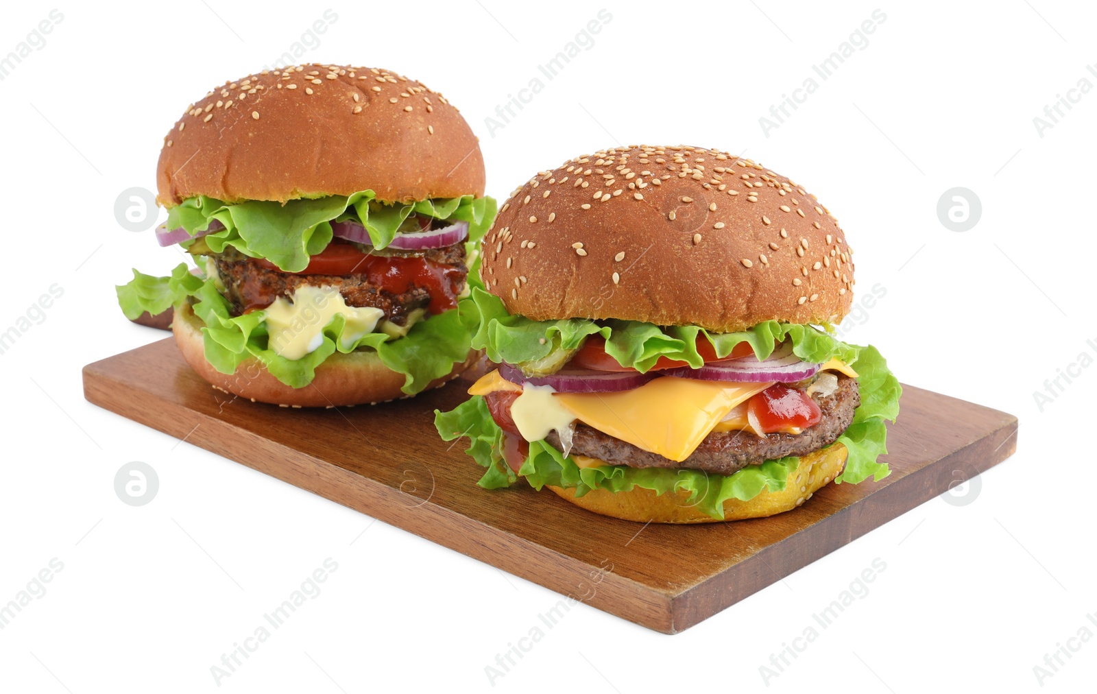 Photo of Delicious burgers with beef patty and lettuce isolated on white