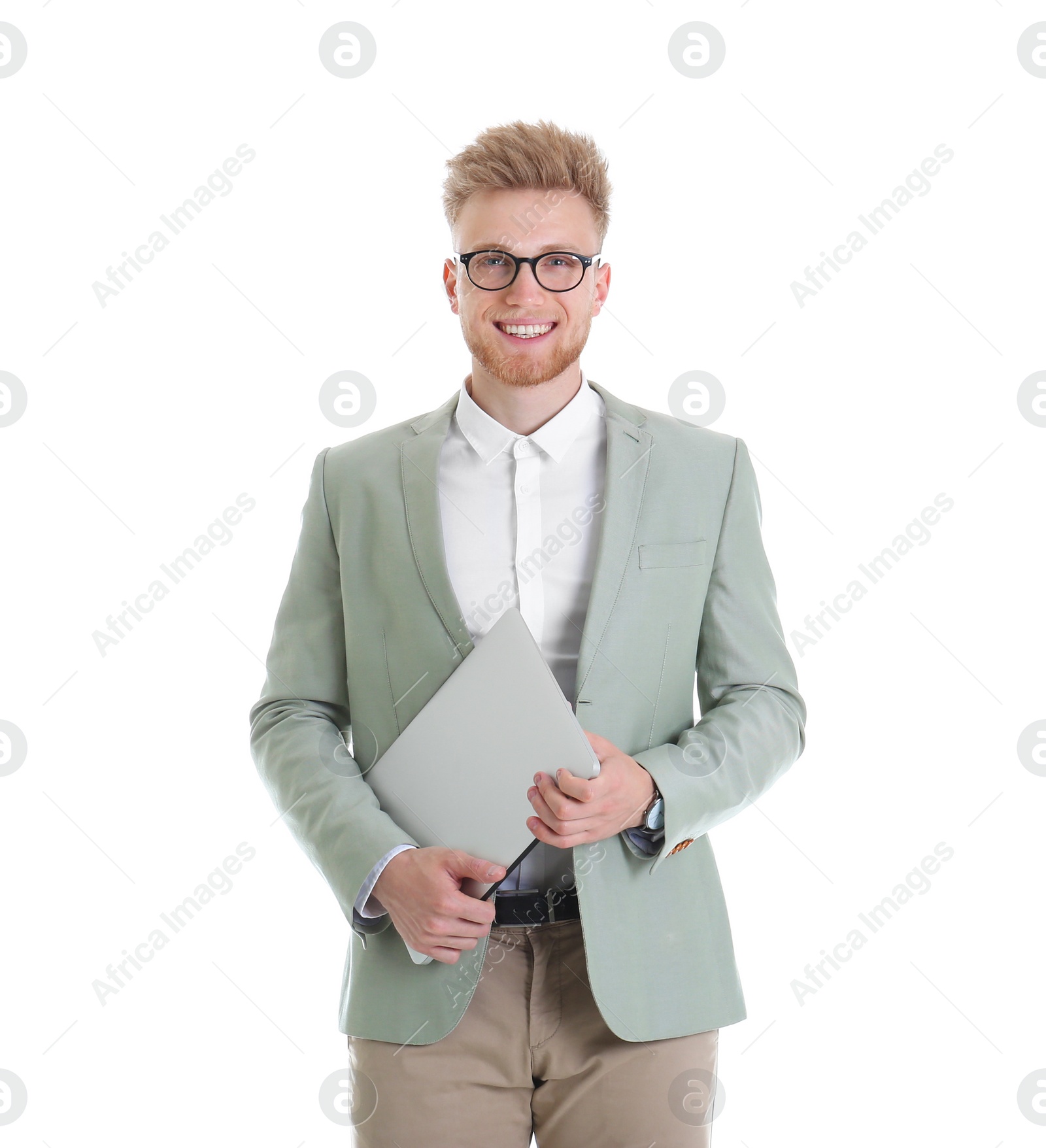 Photo of Young man with laptop on white background