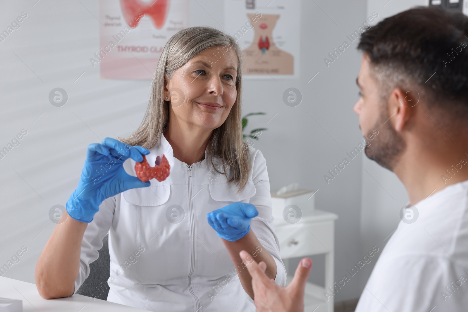 Photo of Endocrinologist showing thyroid gland model to patient at table in hospital