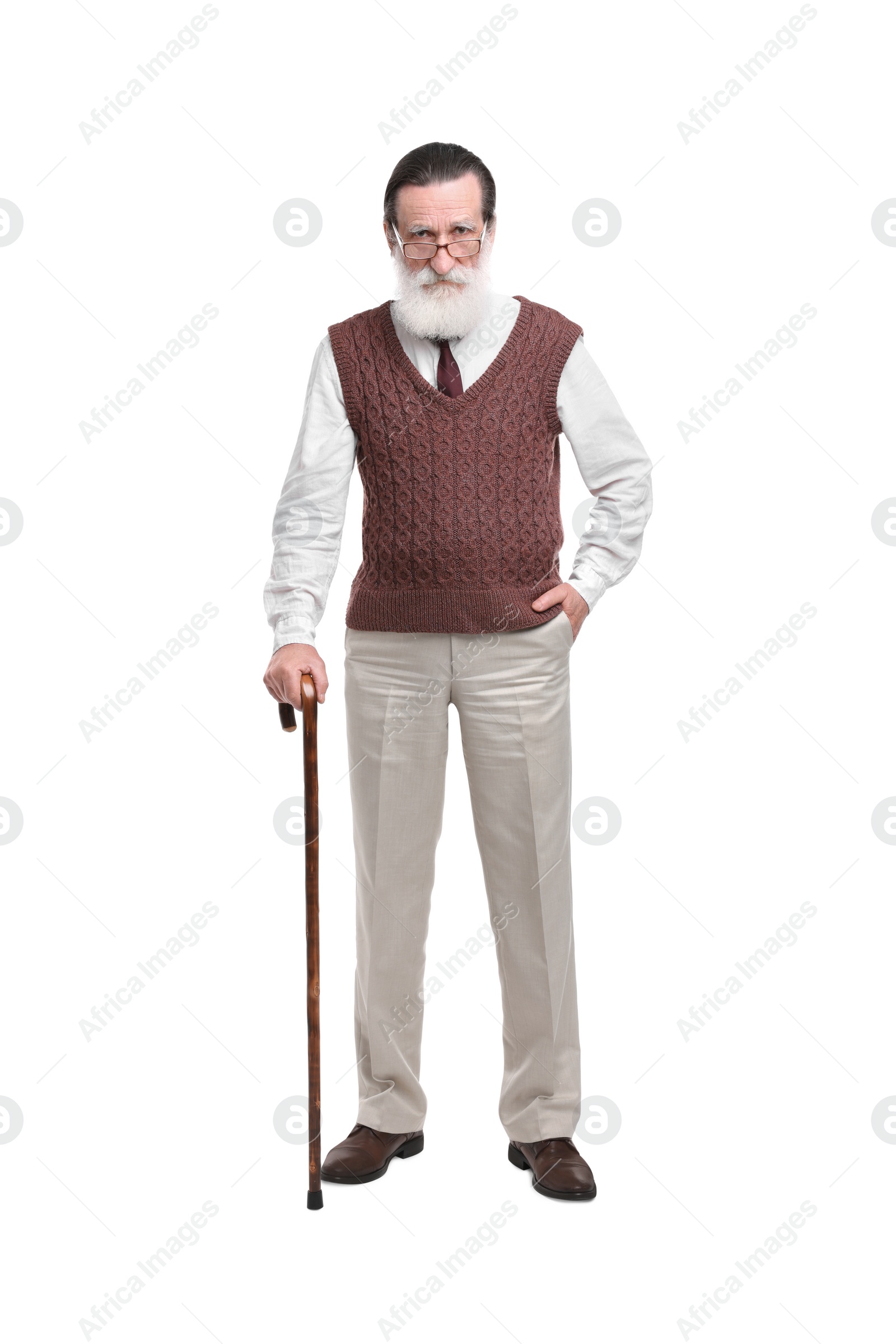 Photo of Senior man with walking cane on white background