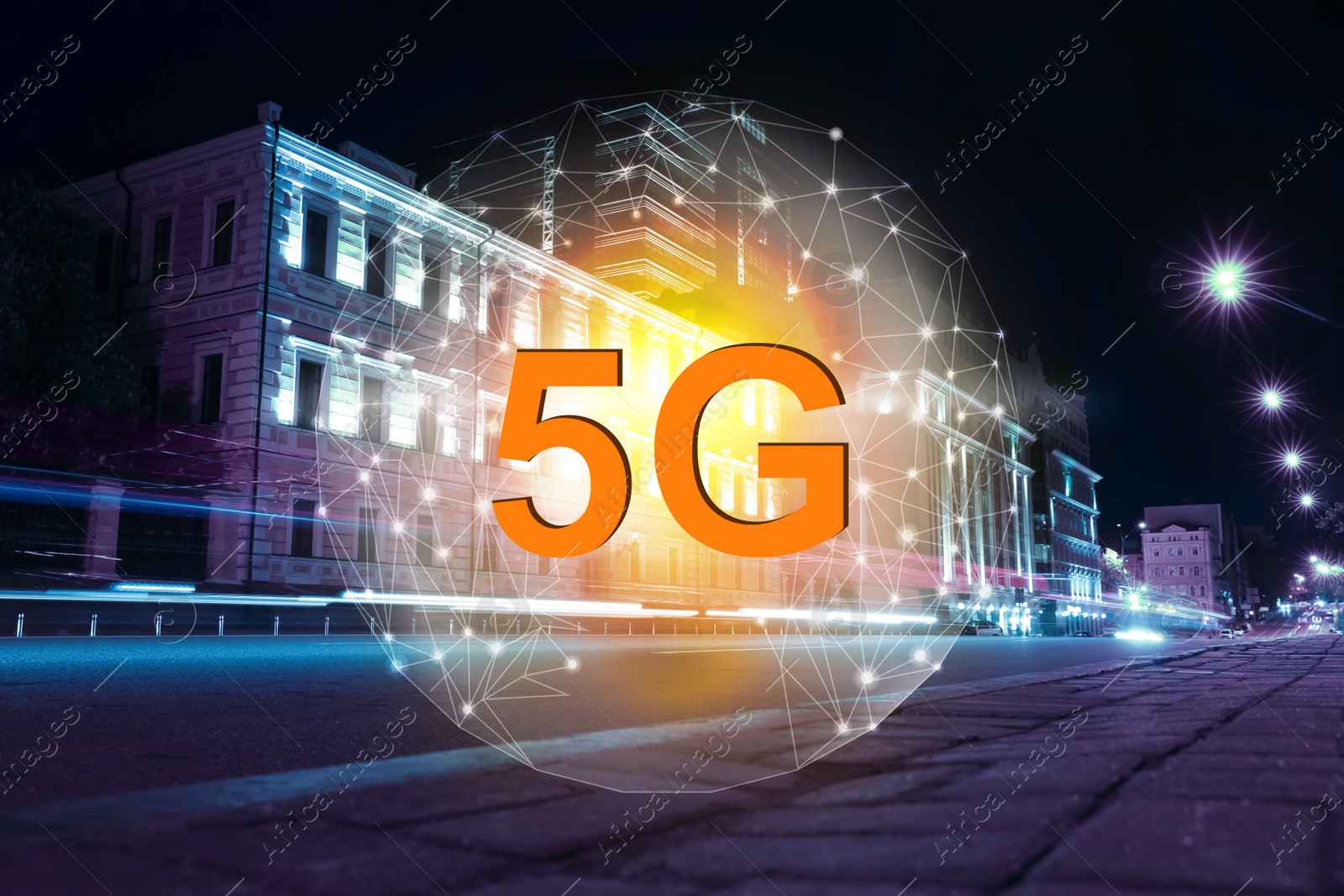 Image of 5G wireless network. View of night cityscape with illuminated buildings and light trails