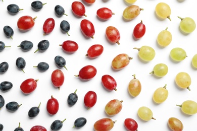 Fresh ripe juicy grapes on white background, top view