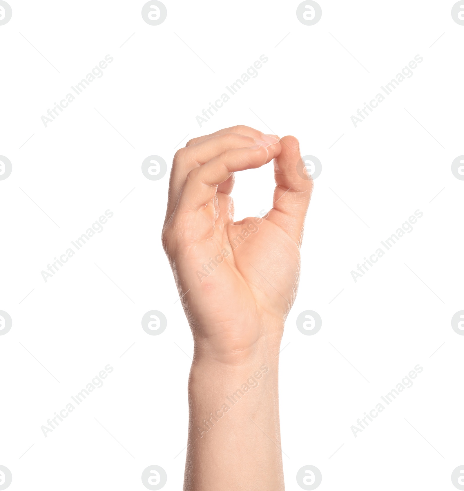 Photo of Man showing O letter on white background, closeup. Sign language