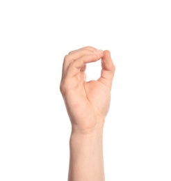Photo of Man showing O letter on white background, closeup. Sign language