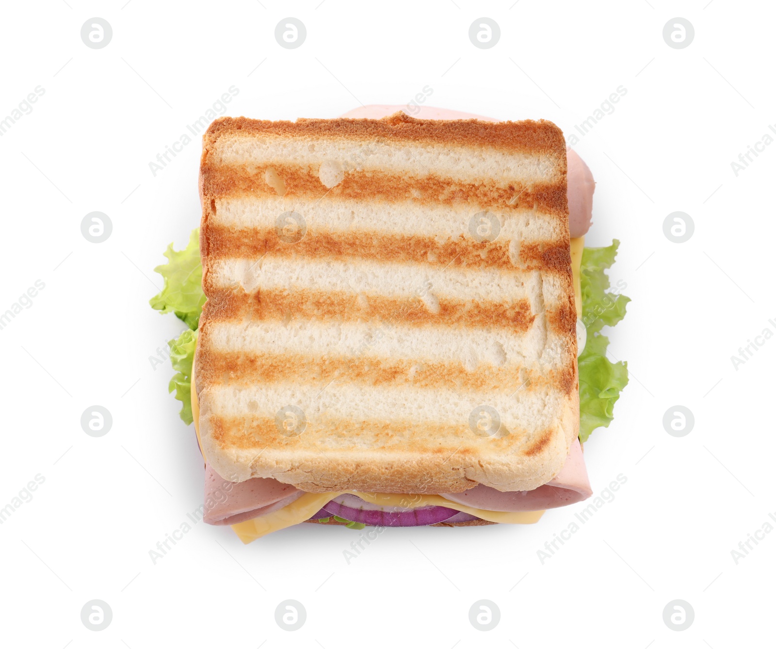 Photo of Delicious sandwich with boiled sausage, cheese and onion isolated on white, top view