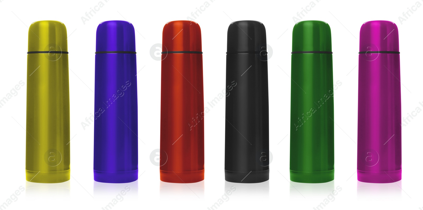 Image of Set of modern thermoses in different colors on white background. Banner design 