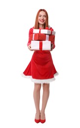Photo of Young woman in red dress with Christmas gifts on white background