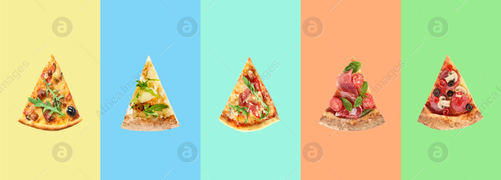 Image of Set with slices of delicious pizzas on different color backgrounds, top view. Banner design