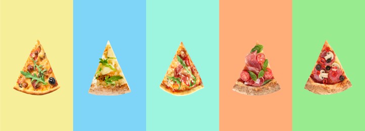 Image of Set with slices of delicious pizzas on different color backgrounds, top view. Banner design