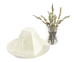 Photo of Traditional cottage cheese Easter paskha and pussy willow branches on white background