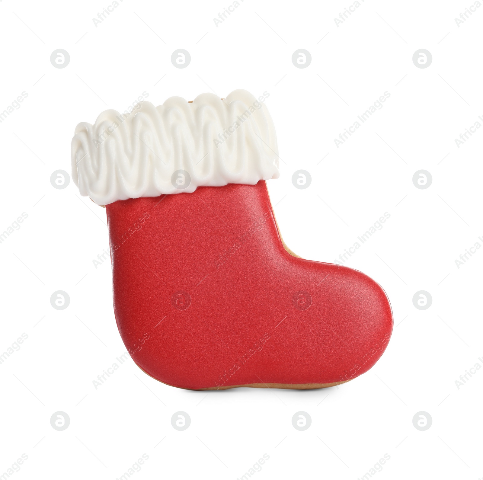 Photo of Tasty gingerbread cookie in shape of boot on white background. St. Nicholas Day celebration