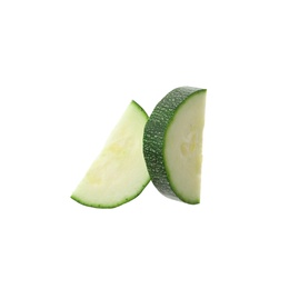 Photo of Slices of ripe zucchini on white background, top view