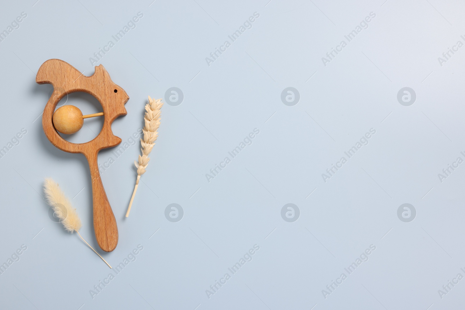 Photo of Baby accessories. Wooden rattle and dry spikes on light blue, flat lay. Space for text