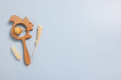 Photo of Baby accessories. Wooden rattle and dry spikes on light blue, flat lay. Space for text