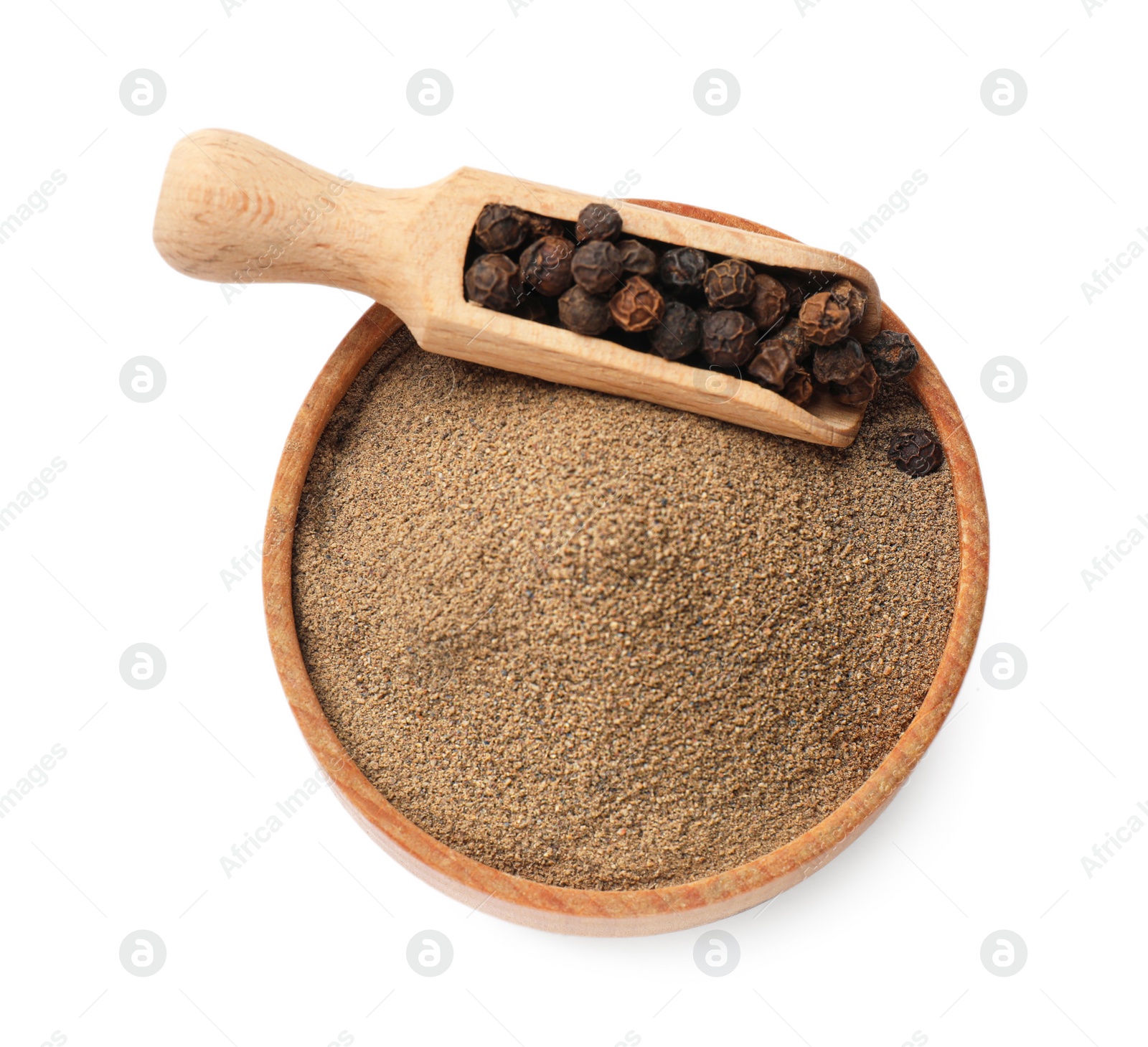 Photo of Aromatic spice. Ground and whole black pepper isolated on white, top view
