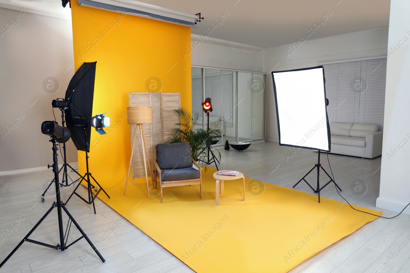 Photo of Stylish furniture in photo studio with professional equipment