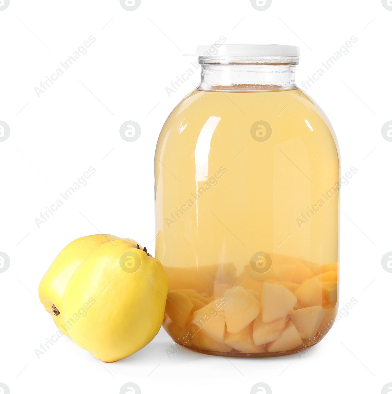 Photo of Delicious quince drink in glass jar and fresh fruits isolated on white